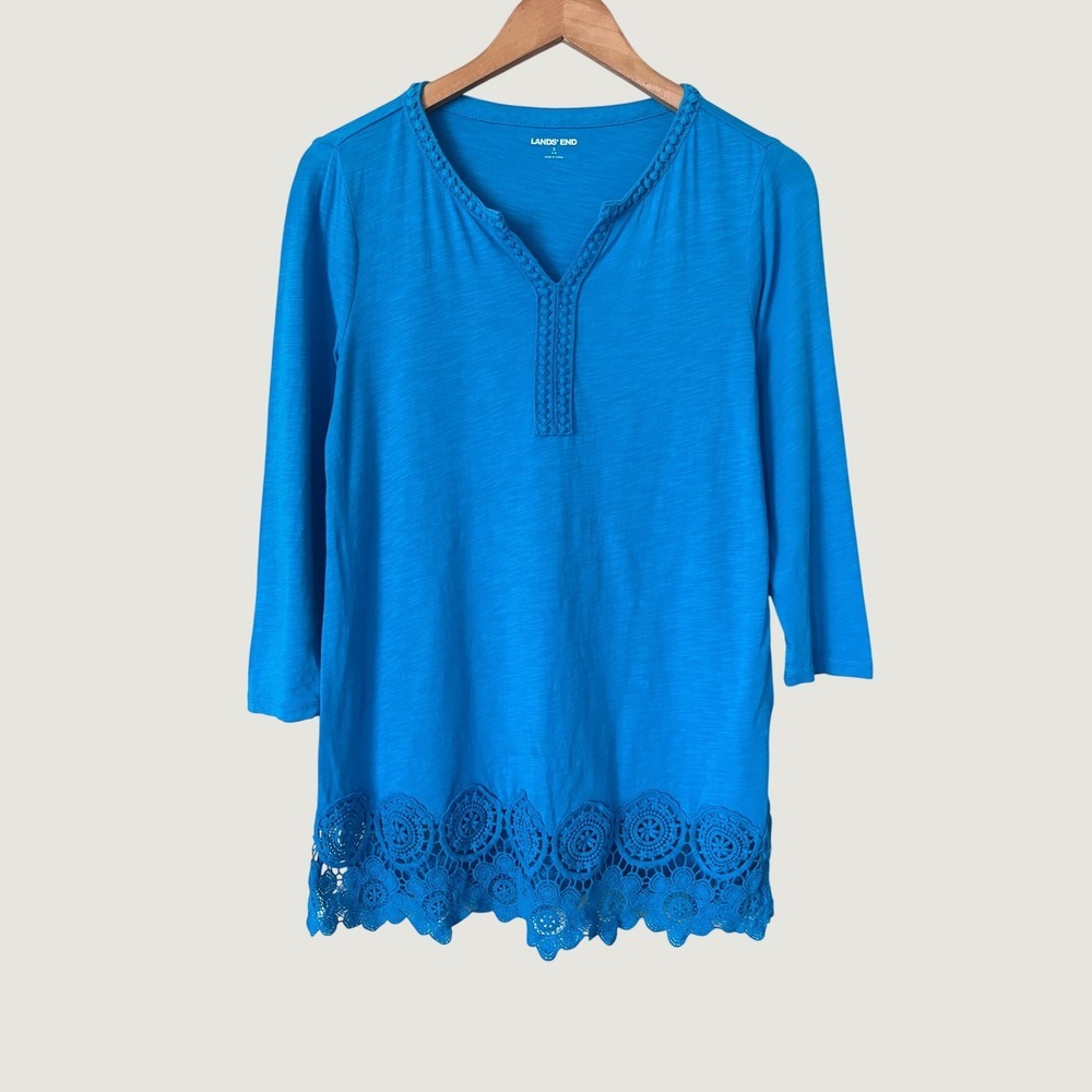 Lands End Womens Blue Crochet Lace Trim Slub Knit Tunic Top 3/4 Sleeve S boho